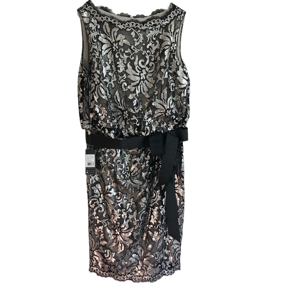 New Tadashi Shoji Black Lace Silver Sequin Sleeveless Dress 16